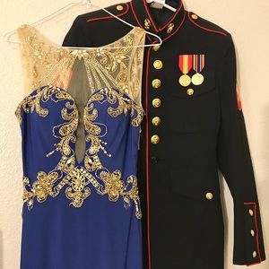 Royal Blue and Gold Embellished Illusion Gown